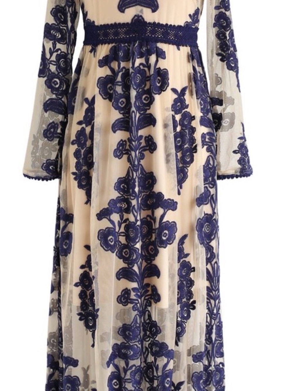 V-Neck Embroidered Mesh Maxi Dress M - Picture 2 of 6